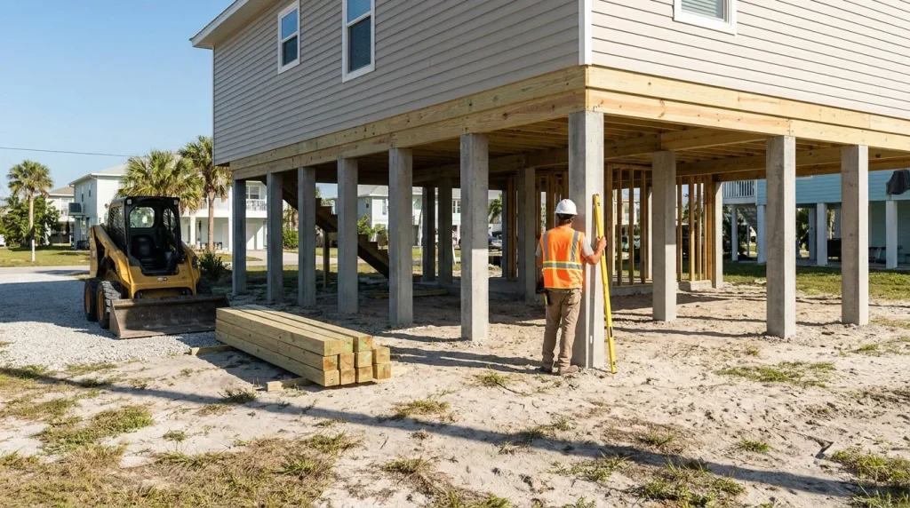 construction worker in hard hat holding level beside elevated coastal home on concrete pilings